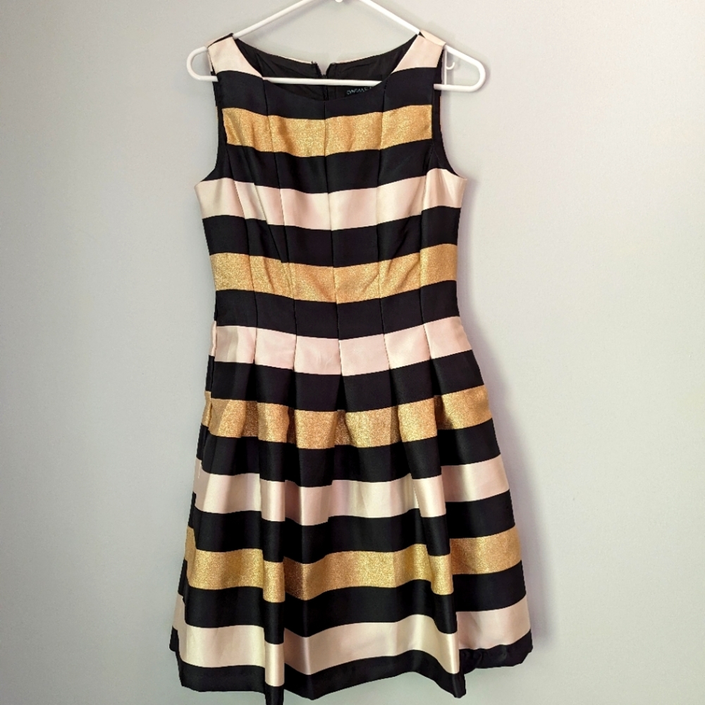 Cynthia Rowley Black and Gold Metallic Stripe Cocktail Dress